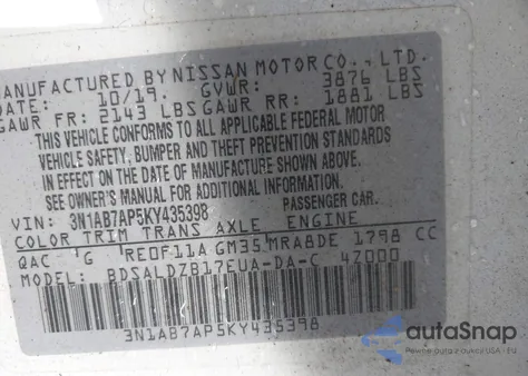 2019 Nissan Sentra Sv из США, поврежденный, VIN 3N1AB7AP5KY435398